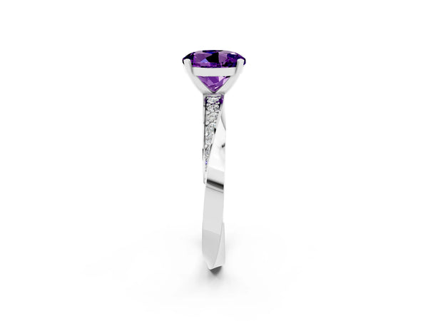 White gold Round Cut Amethyst Engagement Ring with Side Stone Accents and Four-Prong Setting