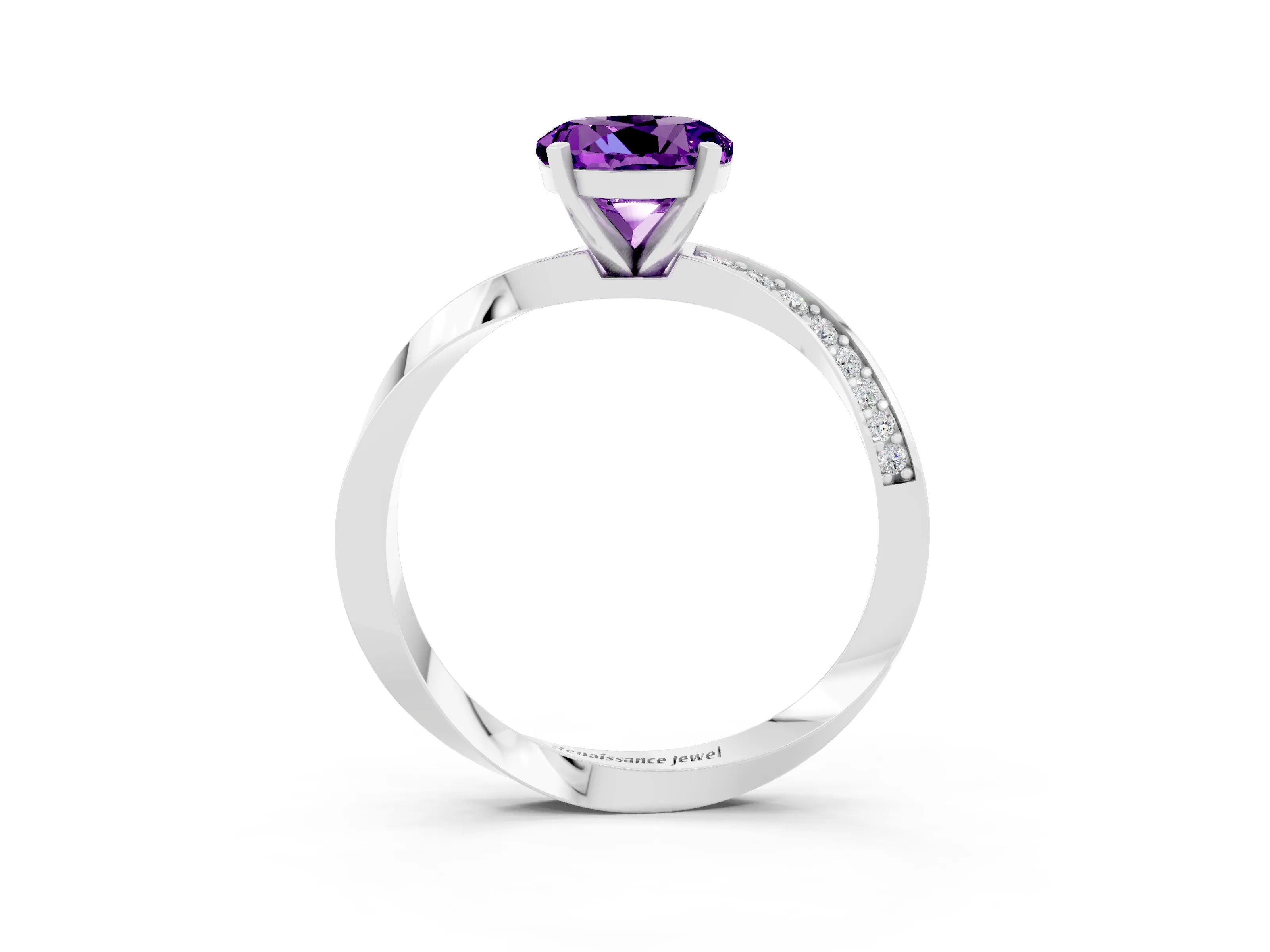 White gold Round Cut Amethyst Engagement Ring with Side Stone Accents and Four-Prong Setting_30