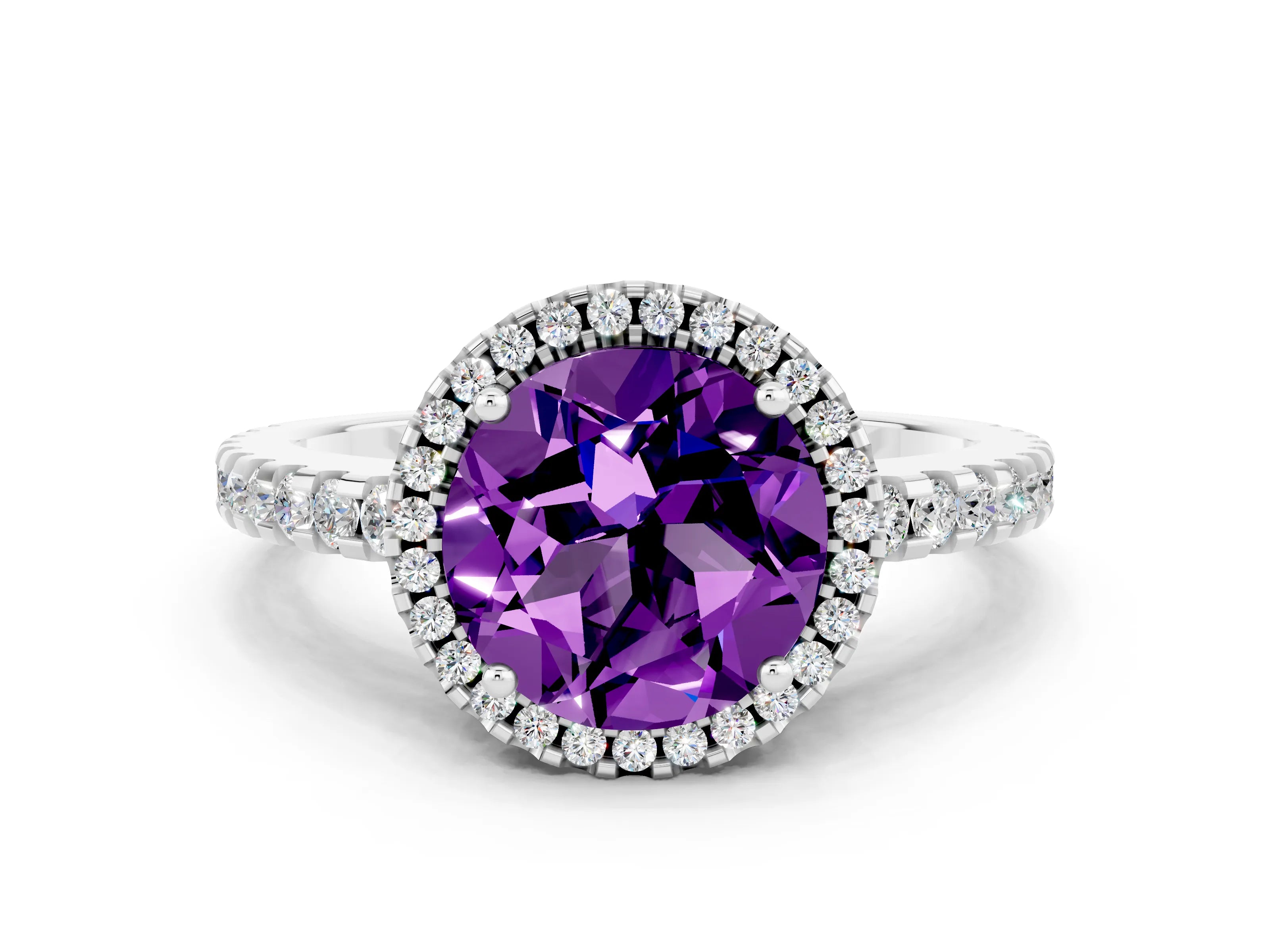 White gold Round Cut Amethyst Halo Engagement Ring with Pavé Band and Prong Setting_12