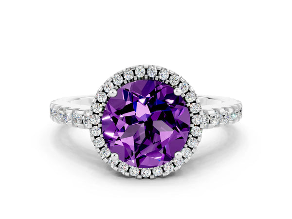 Silver Round Cut Amethyst Halo Engagement Ring with Pavé Band and Prong Setting