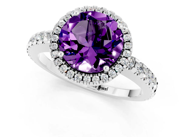 White gold Round Cut Amethyst Halo Engagement Ring with Pavé Band and Prong Setting