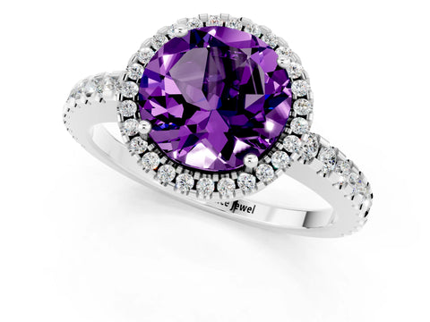 White gold Round Cut Amethyst Halo Engagement Ring with Pavé Band and Prong Setting_13