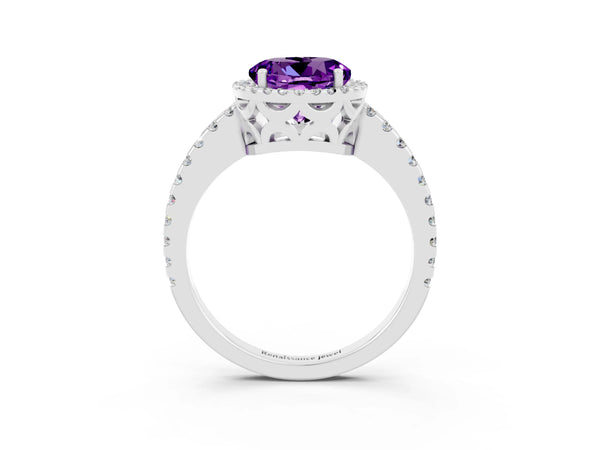 Platinum Round Cut Amethyst Halo Engagement Ring with Pavé Band and Prong Setting