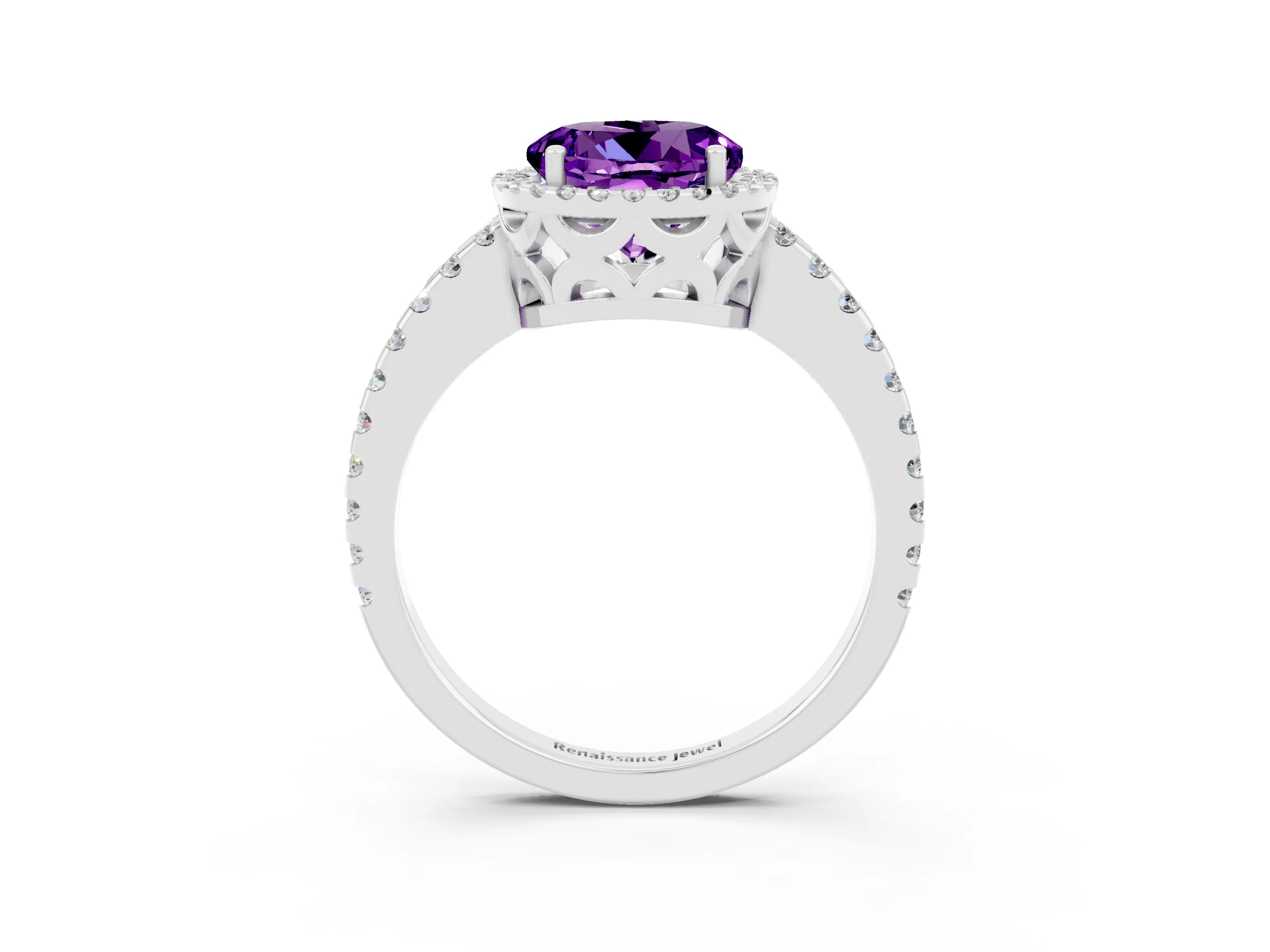 White gold Round Cut Amethyst Halo Engagement Ring with Pavé Band and Prong Setting_15