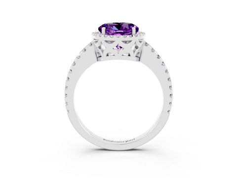White gold Round Cut Amethyst Halo Engagement Ring with Pavé Band and Prong Setting_15