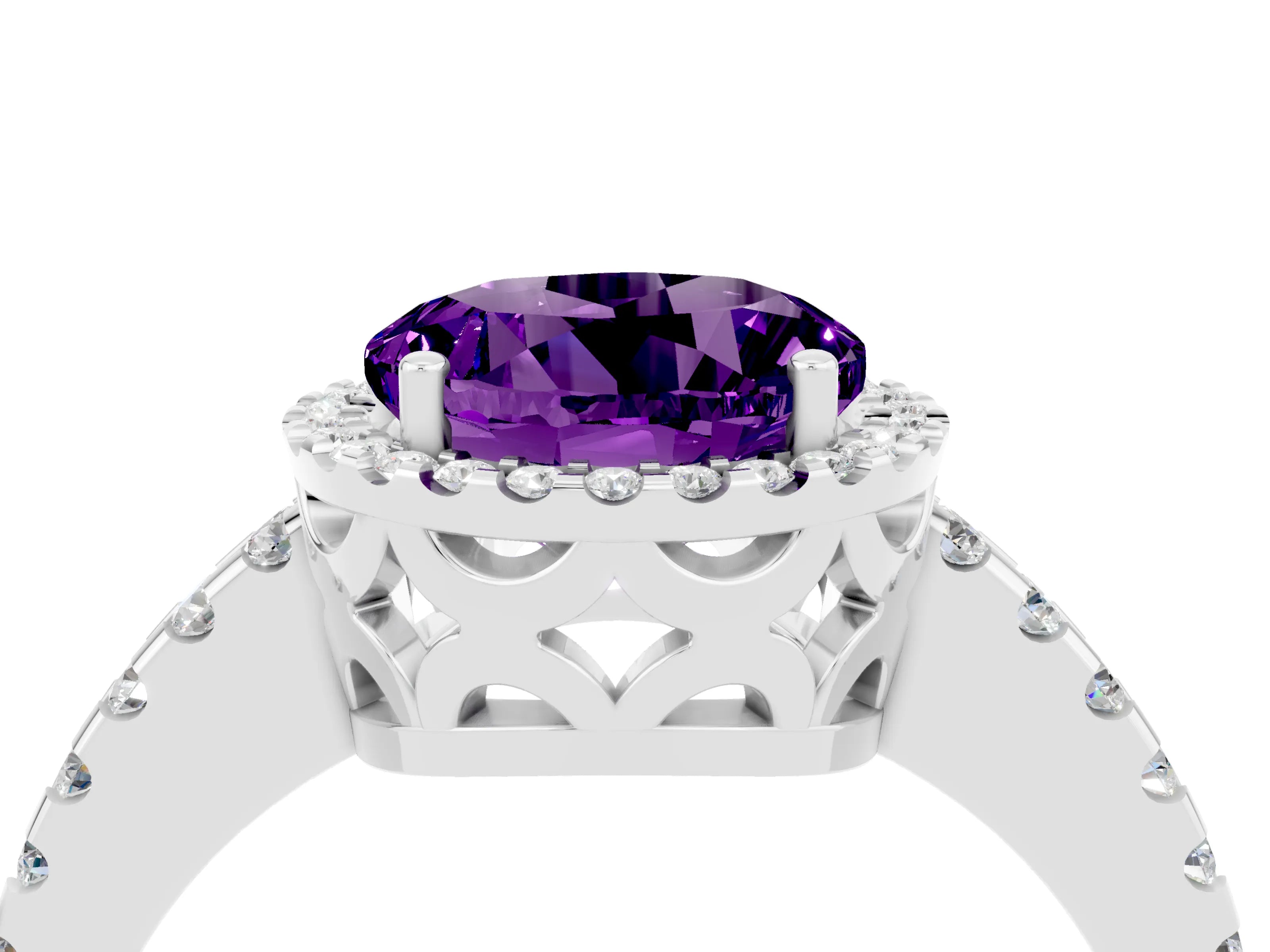White gold Round Cut Amethyst Halo Engagement Ring with Pavé Band and Prong Setting_16