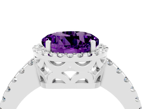 White gold Round Cut Amethyst Halo Engagement Ring with Pavé Band and Prong Setting_16
