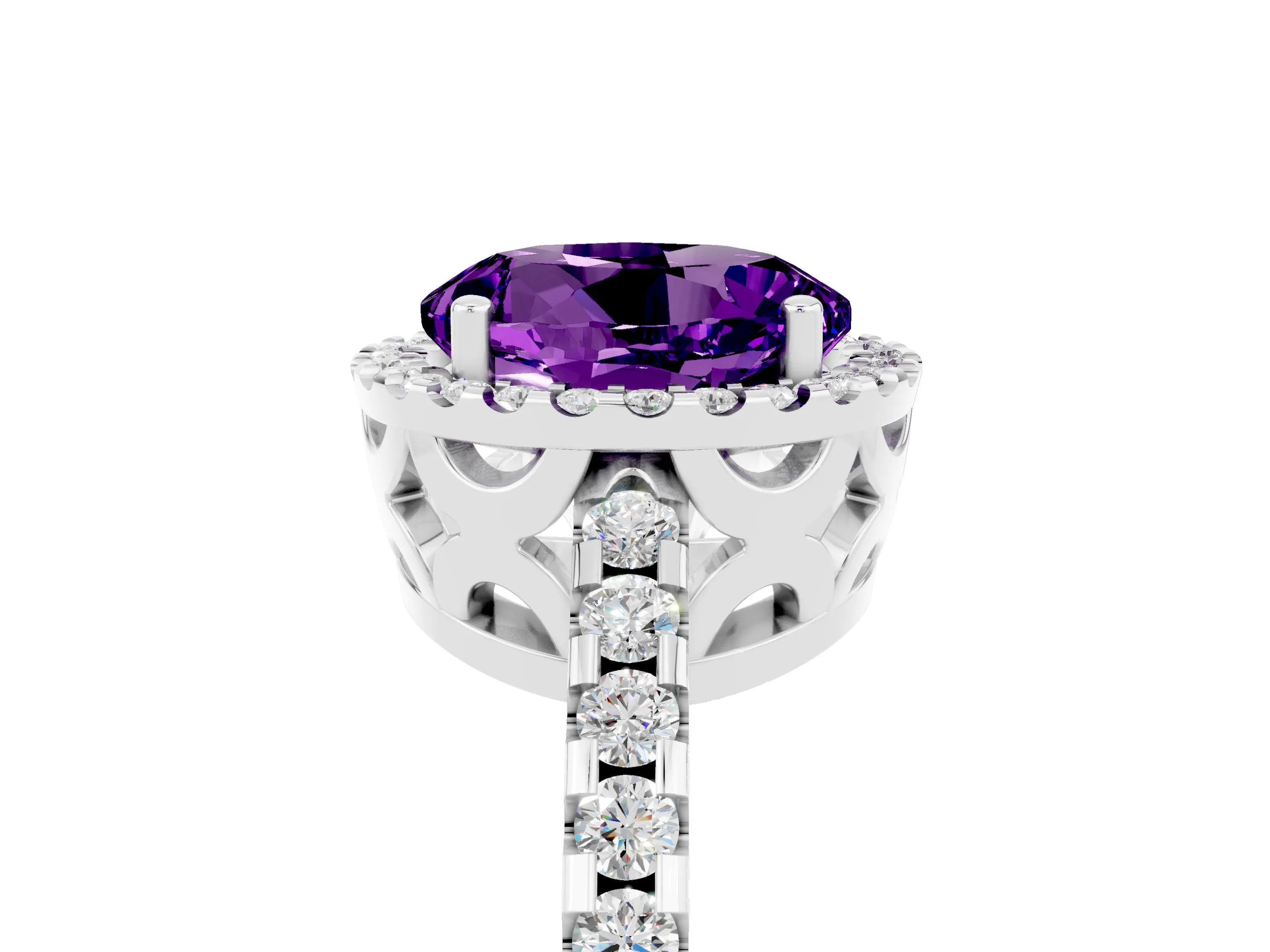 White gold Round Cut Amethyst Halo Engagement Ring with Pavé Band and Prong Setting_17