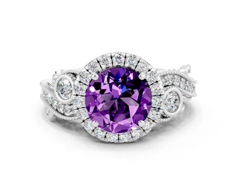 White gold Round Cut Amethyst Halo Ring with Milgrain Pavé Band and Four-Prong Setting_12