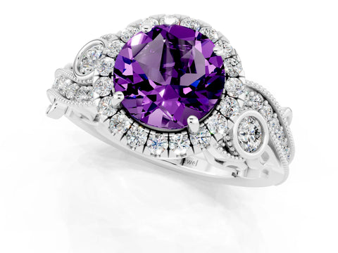 White gold Round Cut Amethyst Halo Ring with Milgrain Pavé Band and Four-Prong Setting_13