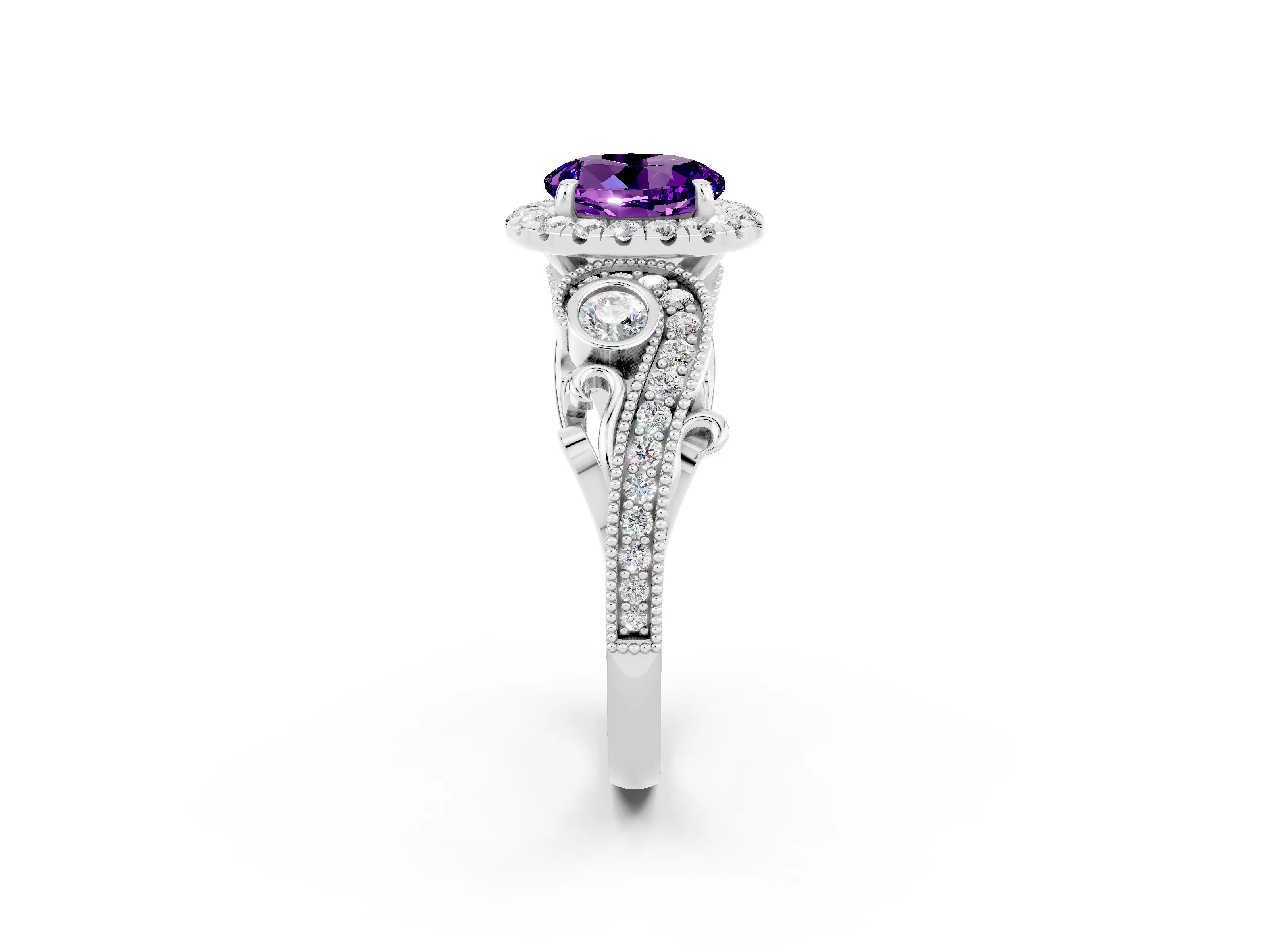 White gold Round Cut Amethyst Halo Ring with Milgrain Pavé Band and Four-Prong Setting_14
