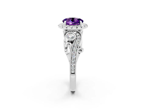 White gold Round Cut Amethyst Halo Ring with Milgrain Pavé Band and Four-Prong Setting_14