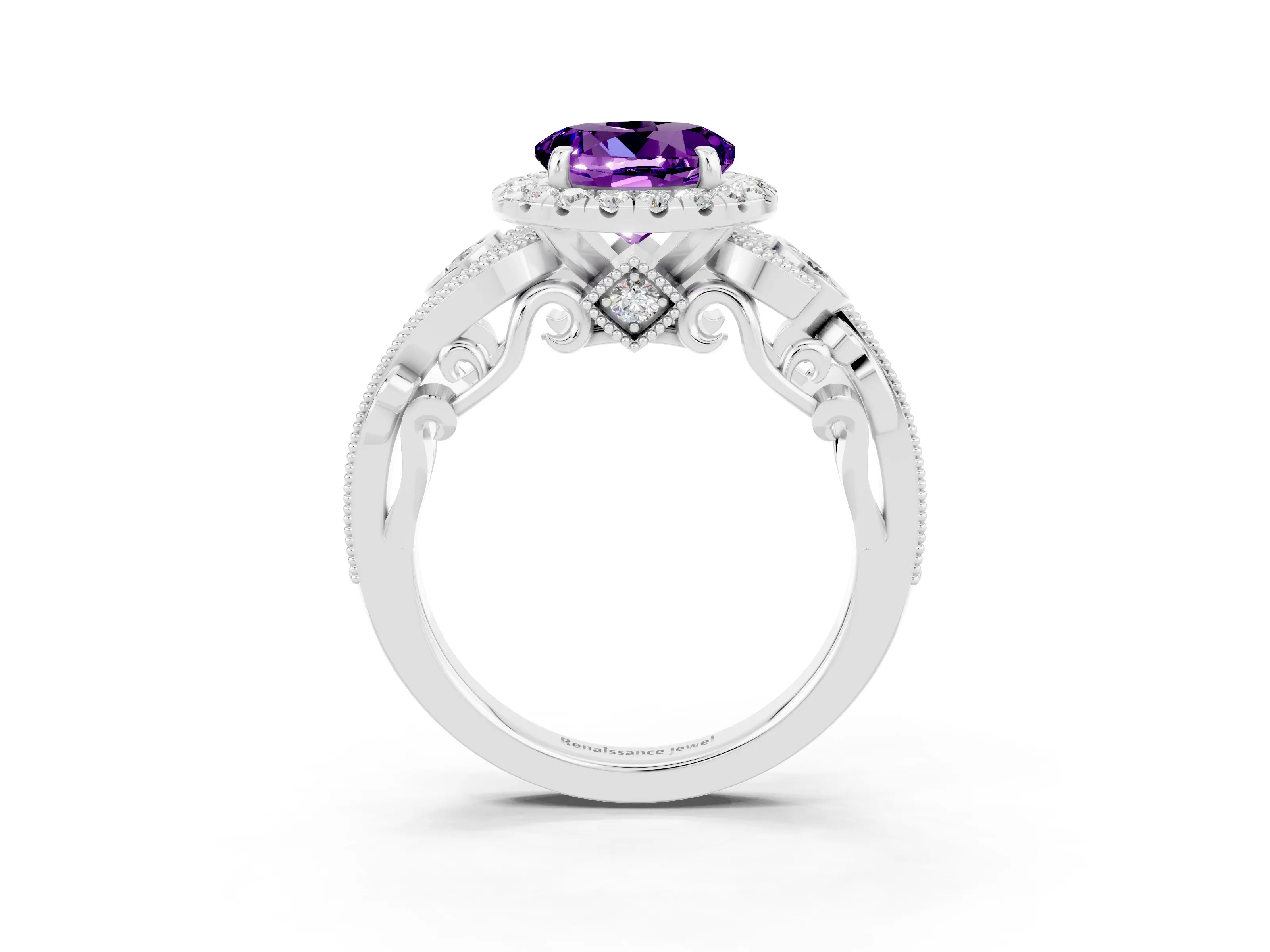 White gold Round Cut Amethyst Halo Ring with Milgrain Pavé Band and Four-Prong Setting_15