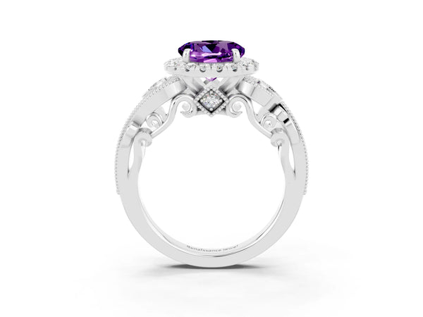 Platinum Round Amethyst Vintage Milgrain Halo Engagement Ring with Bezel Shoulder Accents