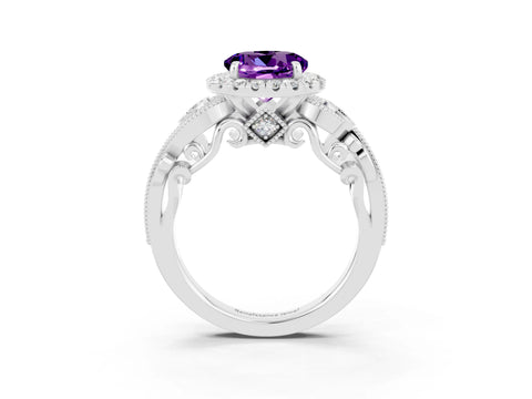 White gold Round Cut Amethyst Halo Ring with Milgrain Pavé Band and Four-Prong Setting_15