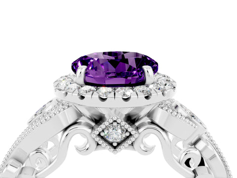 White gold Round Cut Amethyst Halo Ring with Milgrain Pavé Band and Four-Prong Setting_16