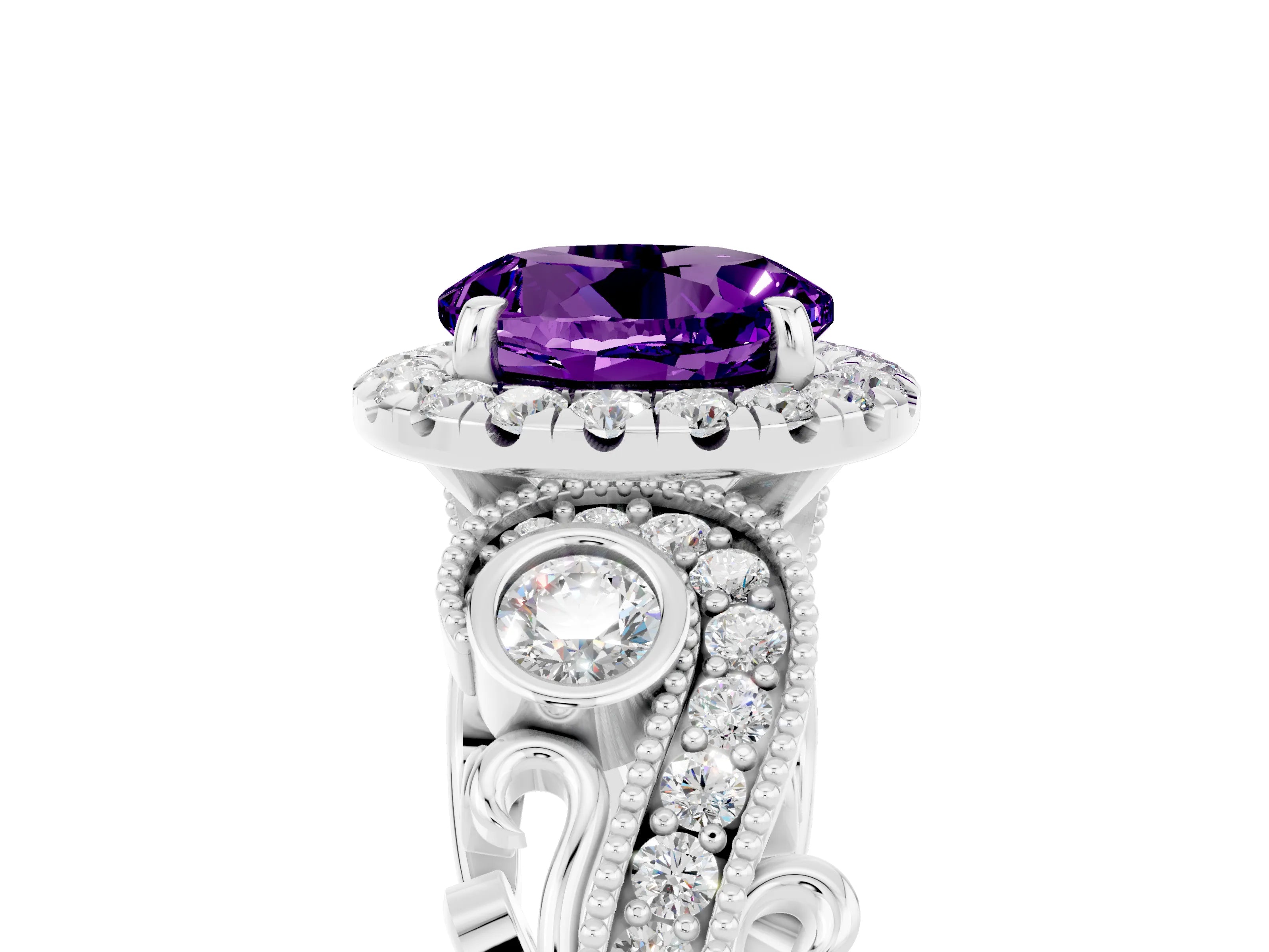 White gold Round Cut Amethyst Halo Ring with Milgrain Pavé Band and Four-Prong Setting_17