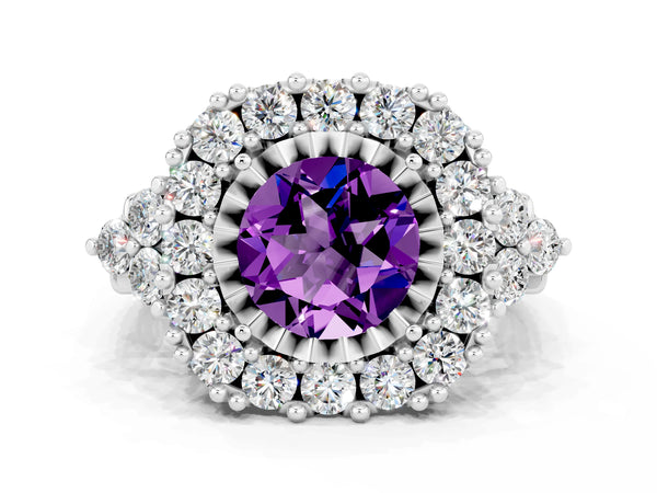 Platinum Round Cut Amethyst Halo Ring with Pavé Band and Four-Prong Setting