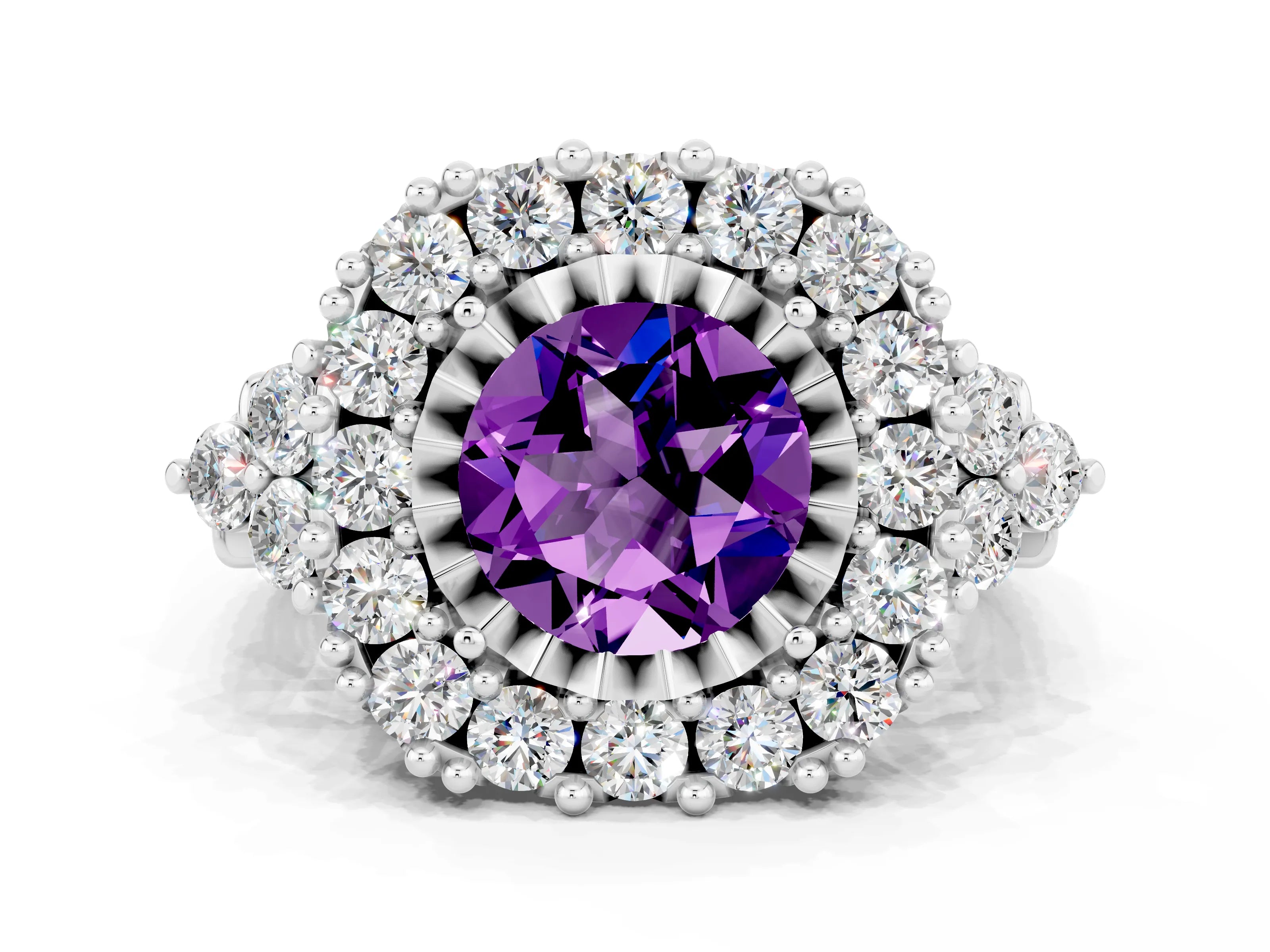 White gold Round Cut Amethyst Halo Ring with Pavé Band and Four-Prong Setting_12