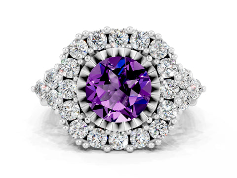 White gold Round Cut Amethyst Halo Ring with Pavé Band and Four-Prong Setting_12
