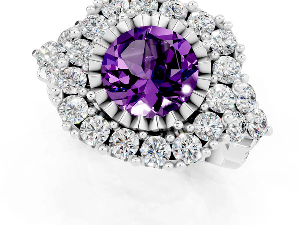 Platinum Round Cut Amethyst Halo Ring with Pavé Band and Four-Prong Setting