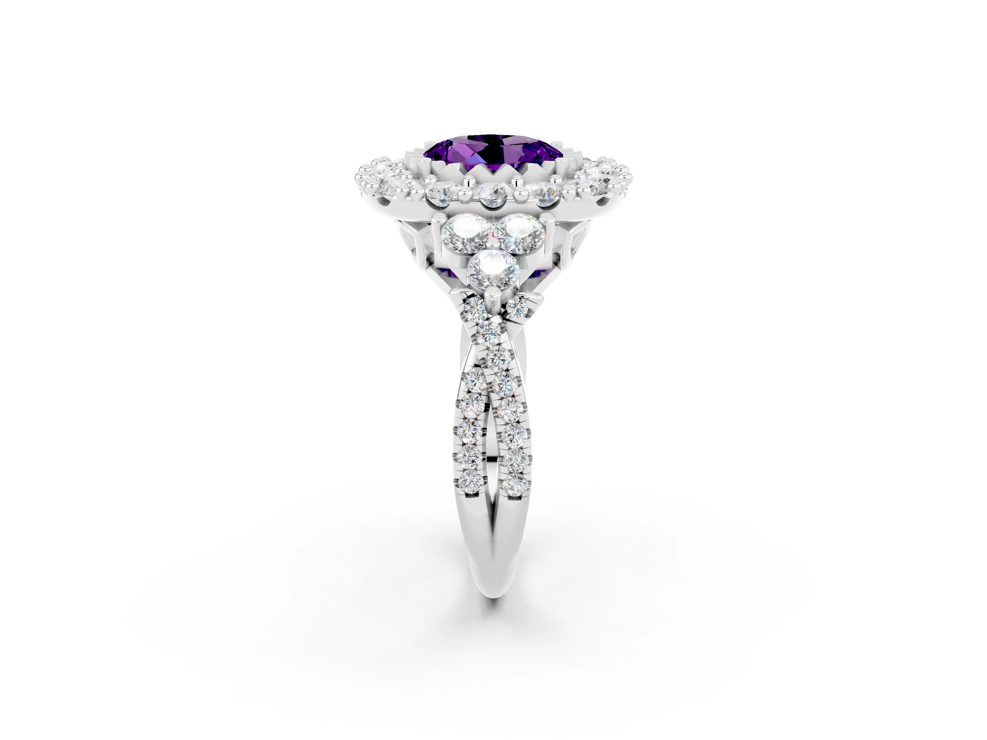 White gold Round Cut Amethyst Halo Ring with Pavé Band and Four-Prong Setting_14