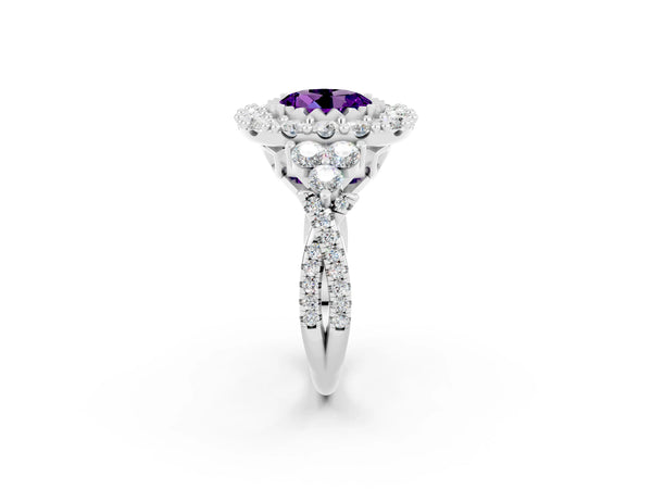 Platinum Round Cut Amethyst Halo Ring with Pavé Band and Four-Prong Setting