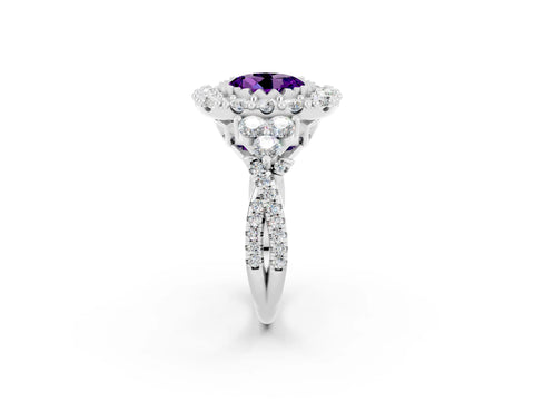 White gold Round Cut Amethyst Halo Ring with Pavé Band and Four-Prong Setting_14