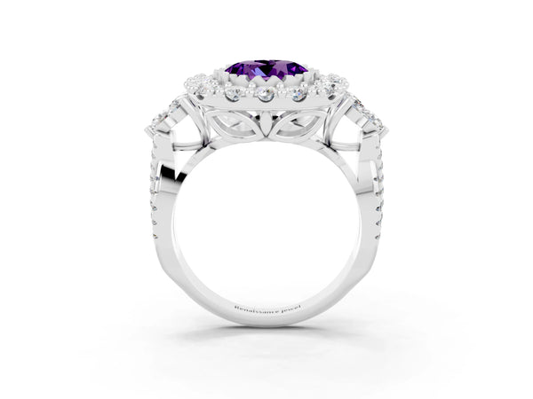 Platinum Round Cut Amethyst Halo Ring with Pavé Band and Four-Prong Setting