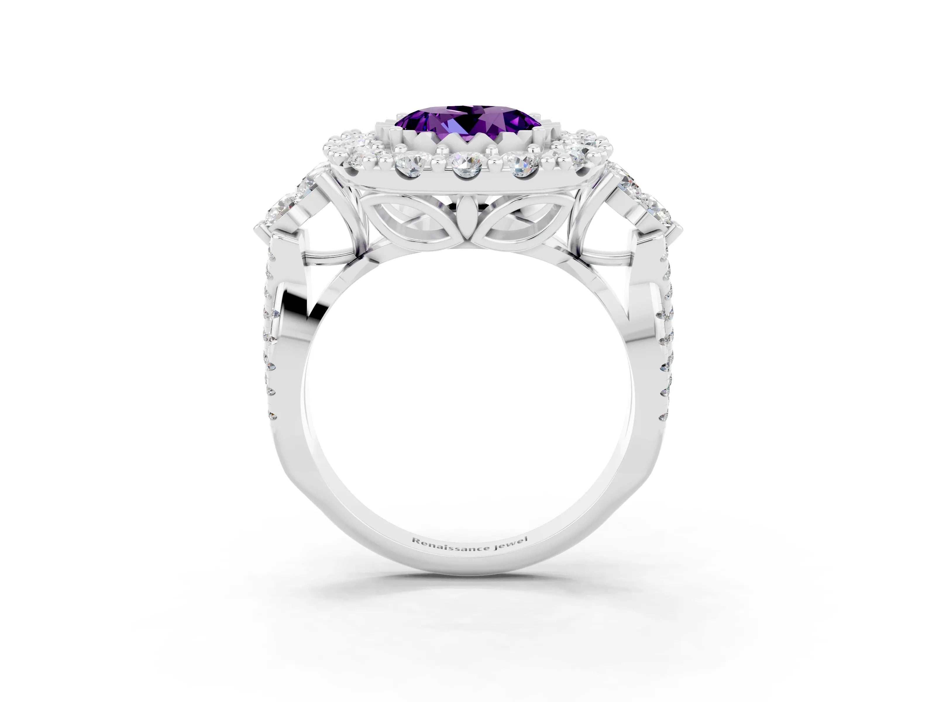 White gold Round Cut Amethyst Halo Ring with Pavé Band and Four-Prong Setting_15