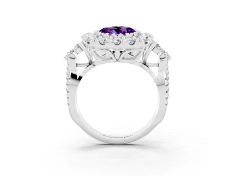 White gold Round Cut Amethyst Halo Ring with Pavé Band and Four-Prong Setting_15
