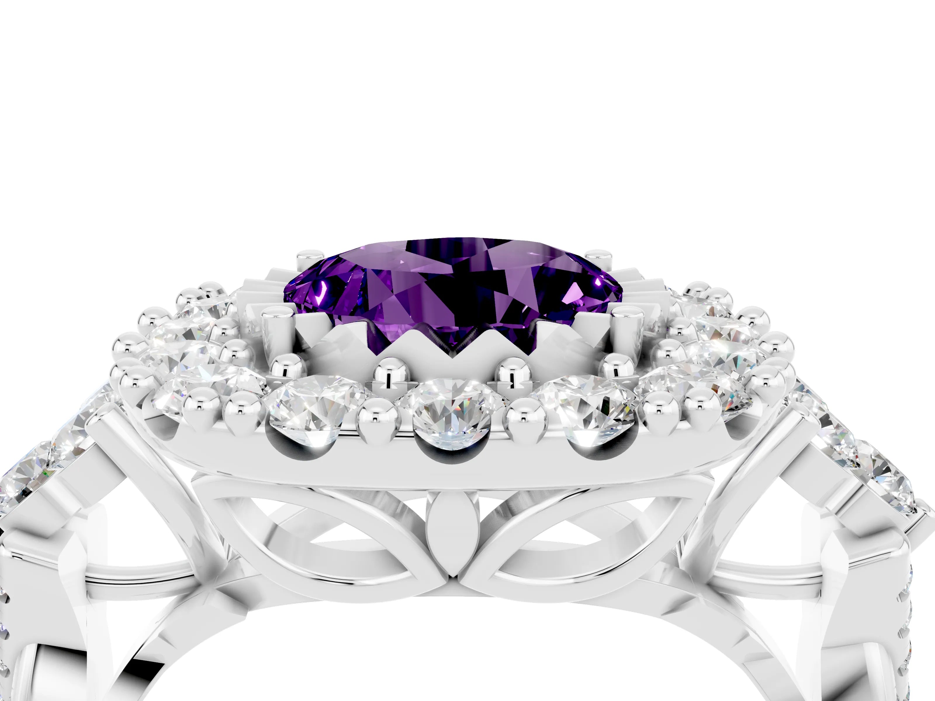 White gold Round Cut Amethyst Halo Ring with Pavé Band and Four-Prong Setting_16