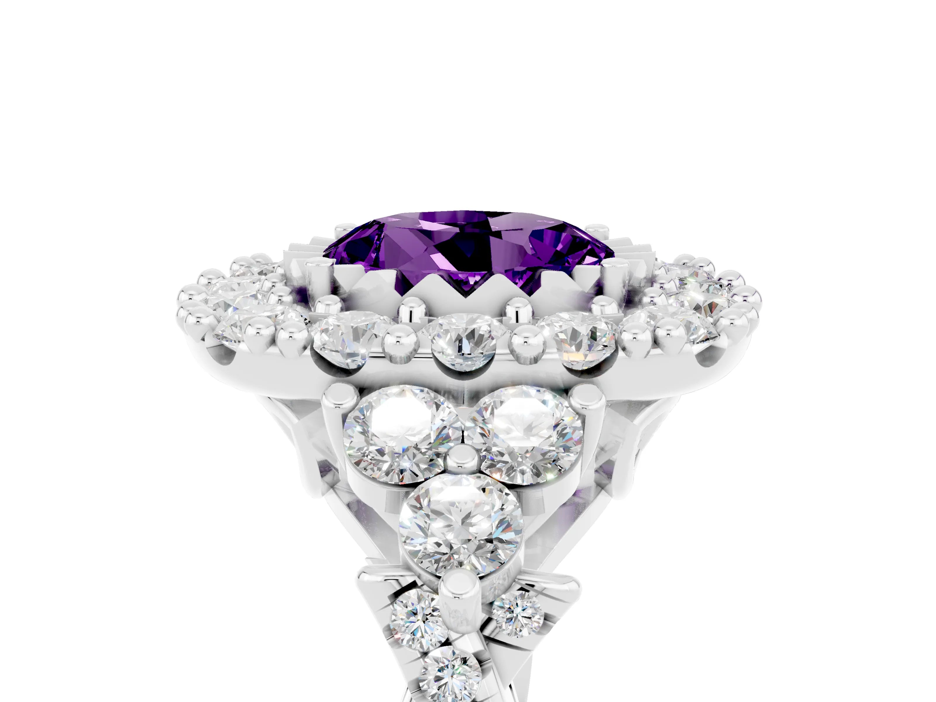 White gold Round Cut Amethyst Halo Ring with Pavé Band and Four-Prong Setting_17