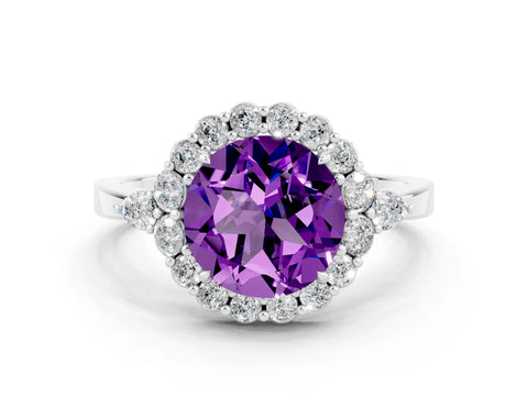 White gold Round Cut Amethyst Halo Ring with Pear Side Stones and Prong Setting_24