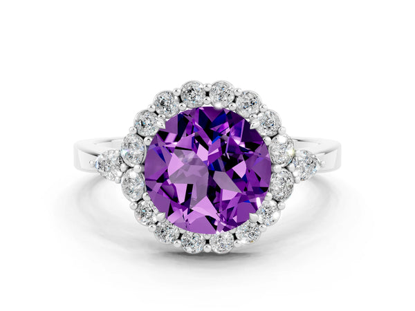 Silver Round Cut Amethyst Halo Ring with Pear Side Stones and Prong Setting
