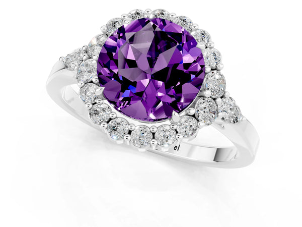 Silver Round Cut Amethyst Halo Ring with Pear Side Stones and Prong Setting