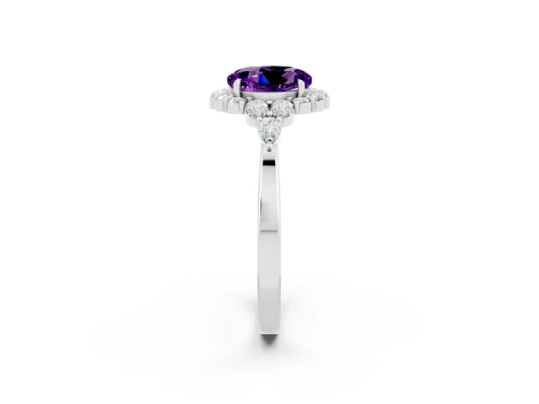 Platinum Round Cut Amethyst Halo Ring with Pear Side Stones and Prong Setting
