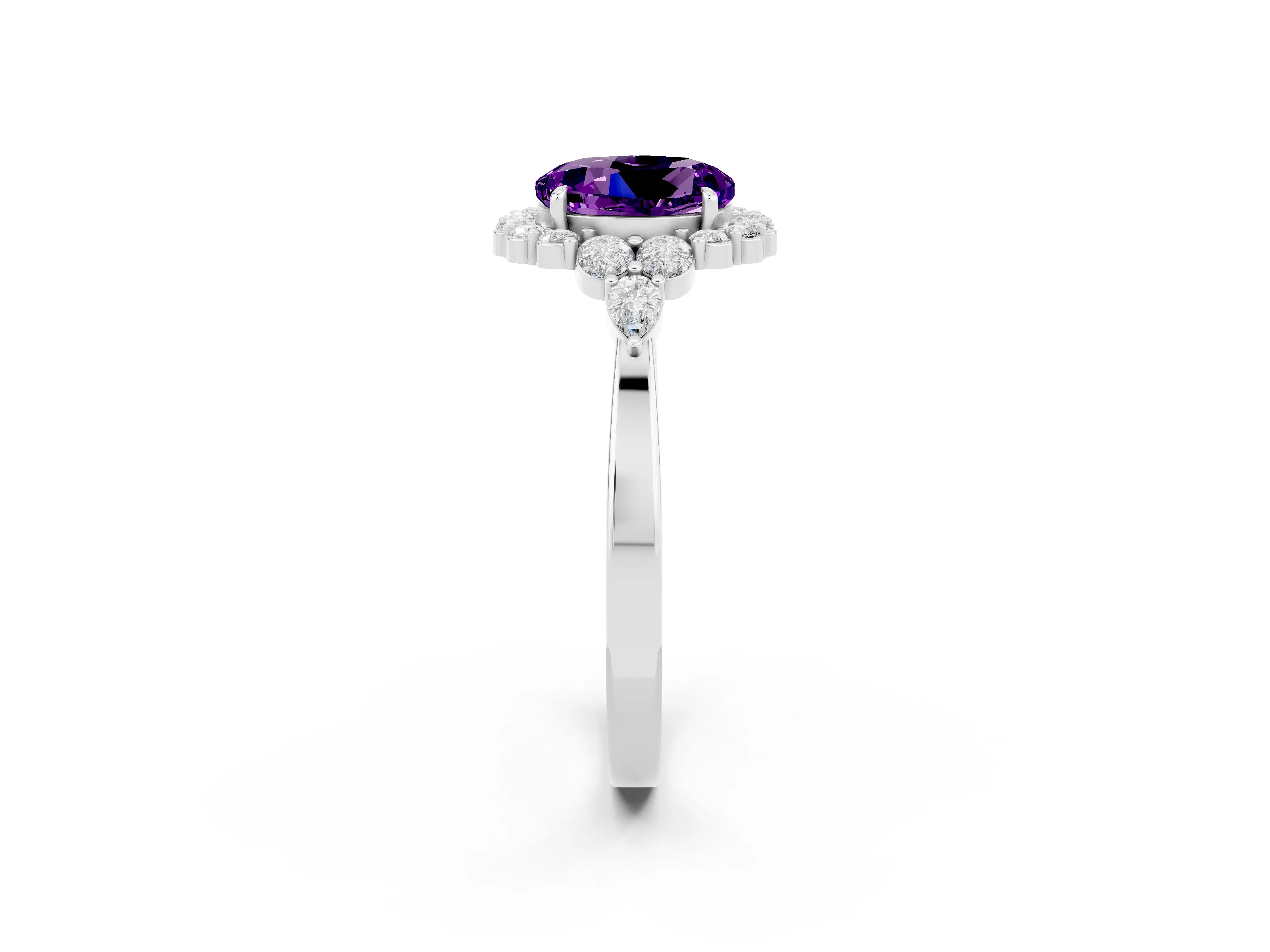 White gold Round Cut Amethyst Halo Ring with Pear Side Stones and Prong Setting_26