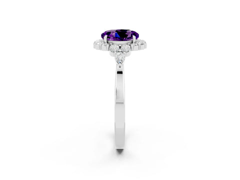 White gold Round Cut Amethyst Halo Ring with Pear Side Stones and Prong Setting_26