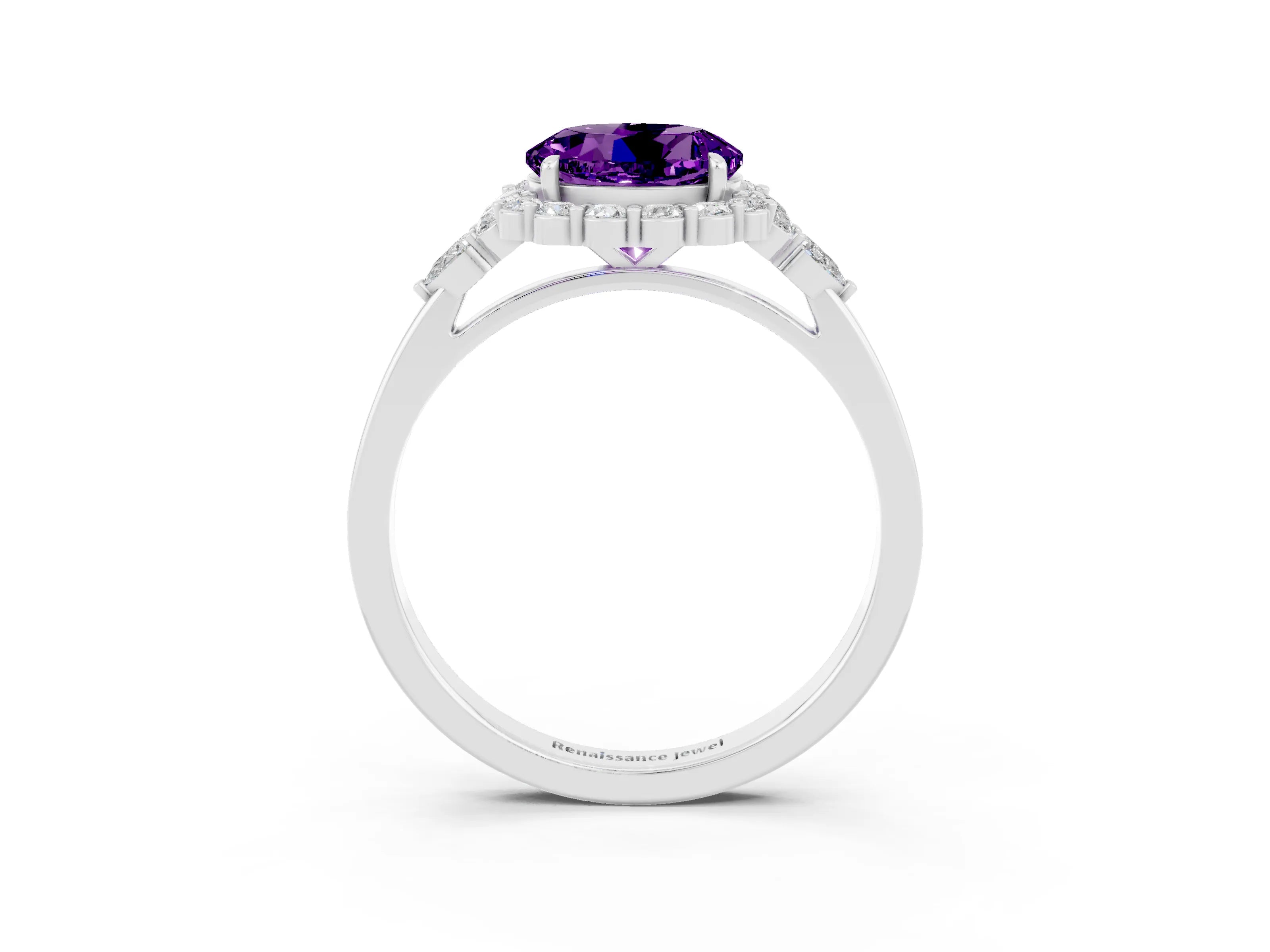 White gold Round Cut Amethyst Halo Ring with Pear Side Stones and Prong Setting_27
