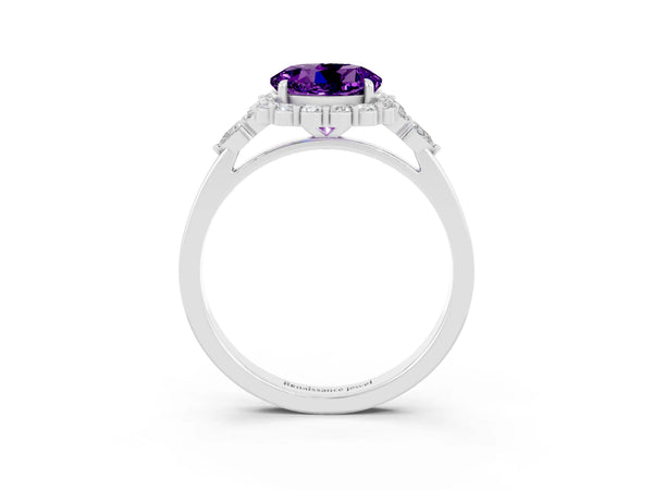 Platinum Round Cut Amethyst Halo Ring with Pear Side Stones and Prong Setting
