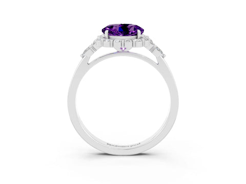 White gold Round Cut Amethyst Halo Ring with Pear Side Stones and Prong Setting_27