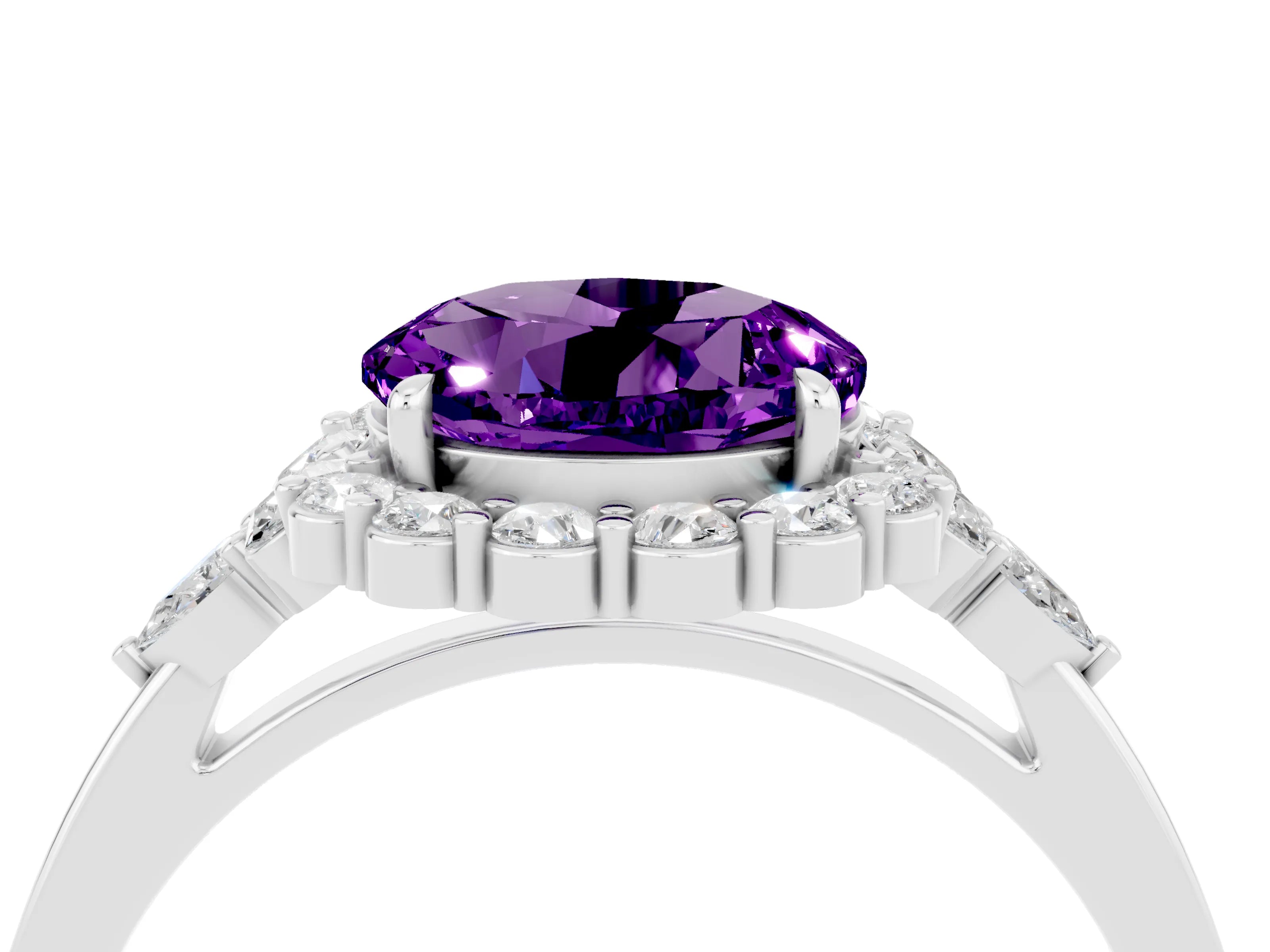 White gold Round Cut Amethyst Halo Ring with Pear Side Stones and Prong Setting_28