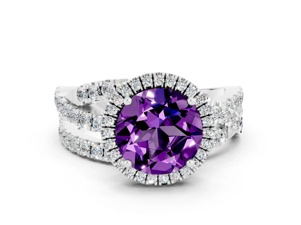 Platinum Round Cut Amethyst Halo Ring with Round Split Shank and Prong Setting