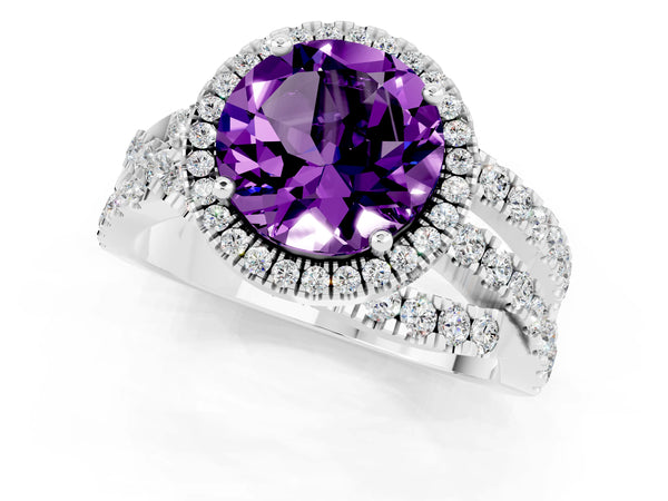 Platinum Round Cut Amethyst Halo Ring with Round Split Shank and Prong Setting