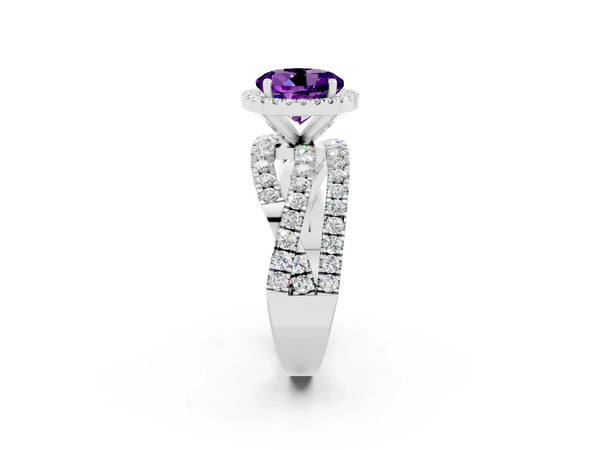 Platinum Round Cut Amethyst Halo Ring with Round Split Shank and Prong Setting