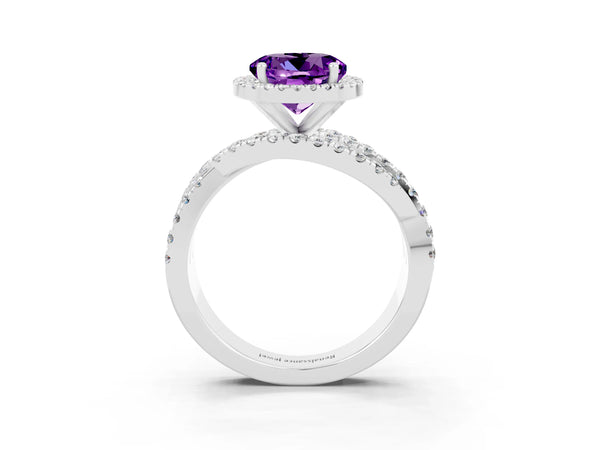 Platinum Round Cut Amethyst Halo Ring with Round Split Shank and Prong Setting