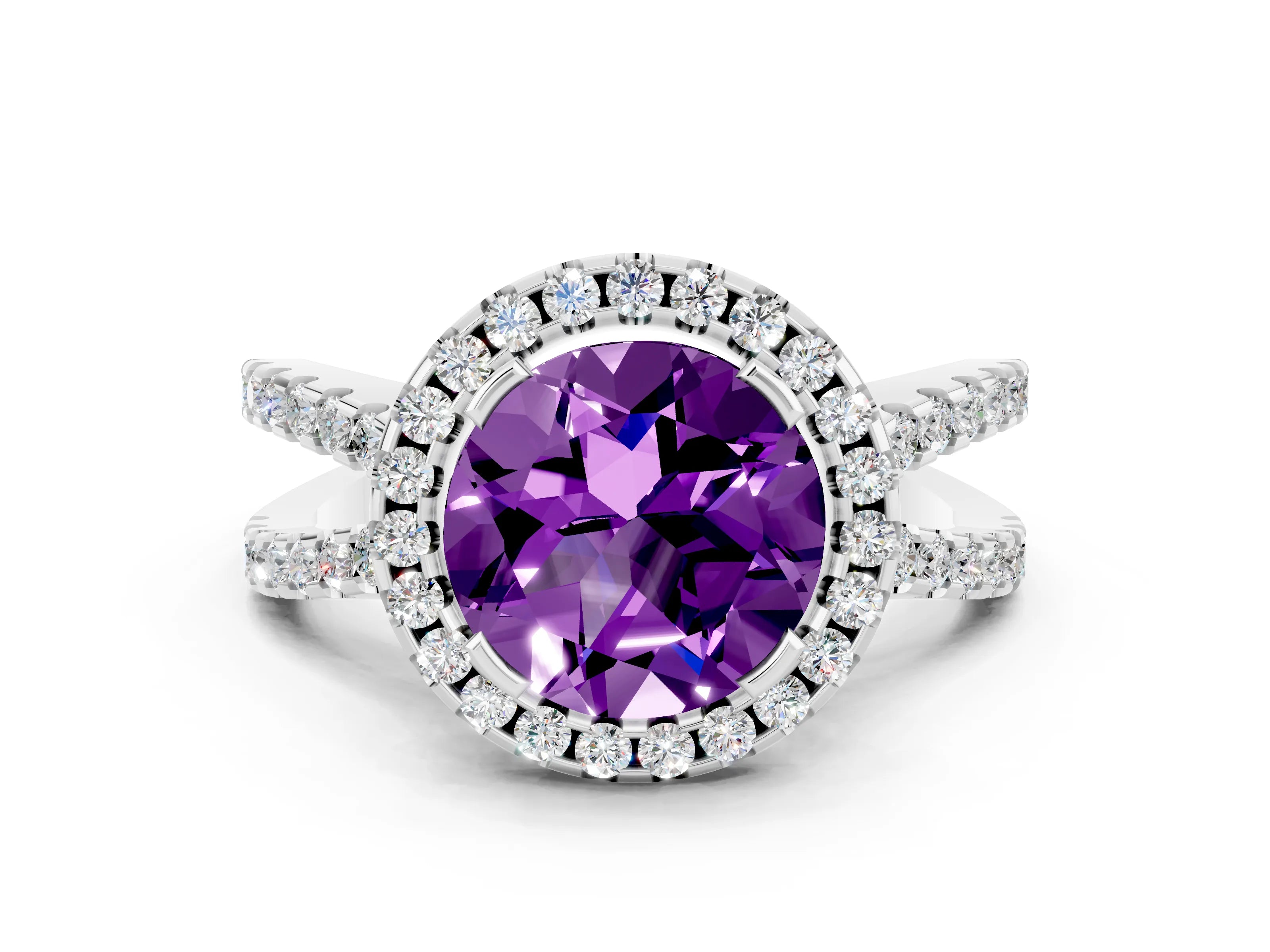 White gold Round Cut Amethyst Halo Ring with Split Shank Pavé Band and Prong Setting
