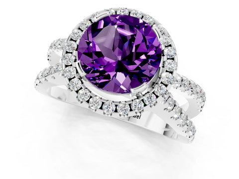 White gold Round Cut Amethyst Halo Ring with Split Shank Pavé Band and Prong Setting_1