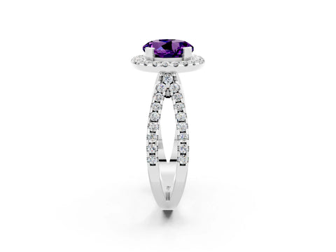 White gold Round Cut Amethyst Halo Ring with Split Shank Pavé Band and Prong Setting_2